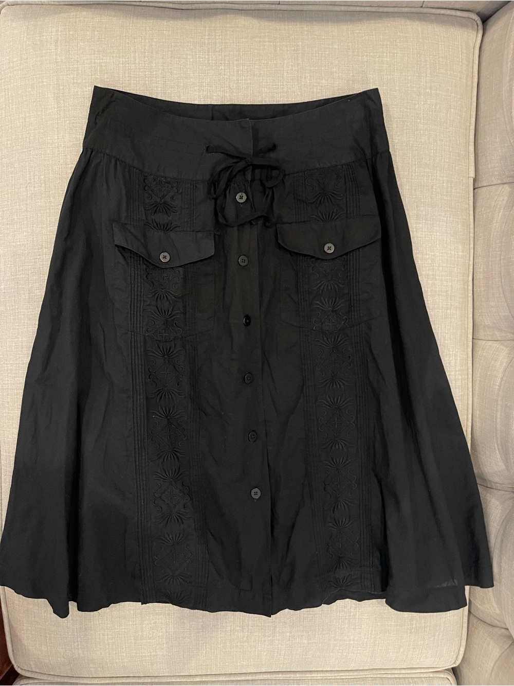 Guayabera style black cotton lined skirt size 2 bohemian summer hippie festival